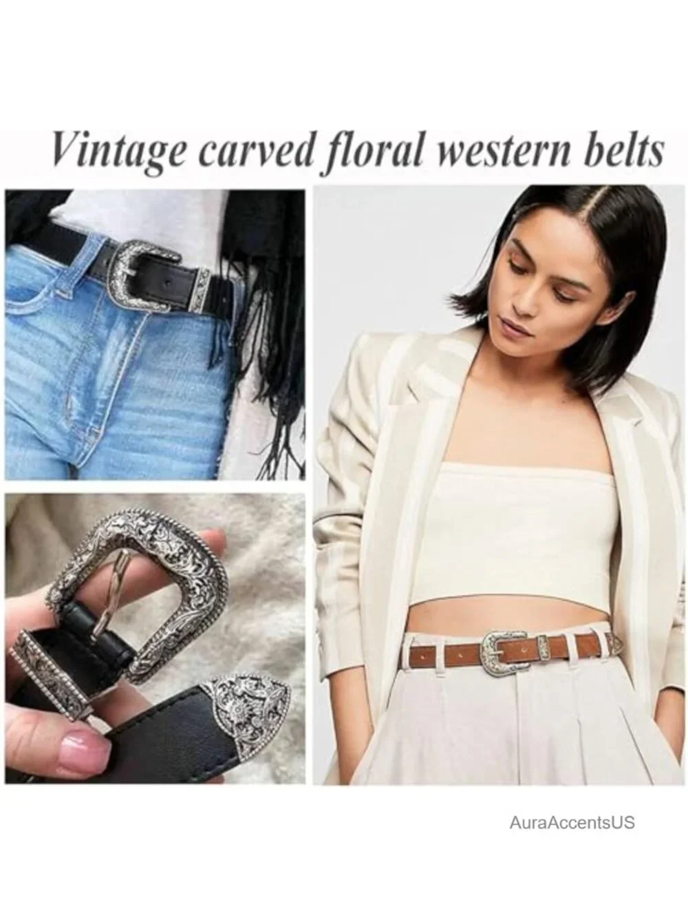 Vintage Faux Leather Belt with Floral Metal Buckle